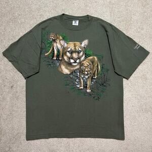 Mountain Lion Forest Green Nature Animals Graphic Shirt XL
